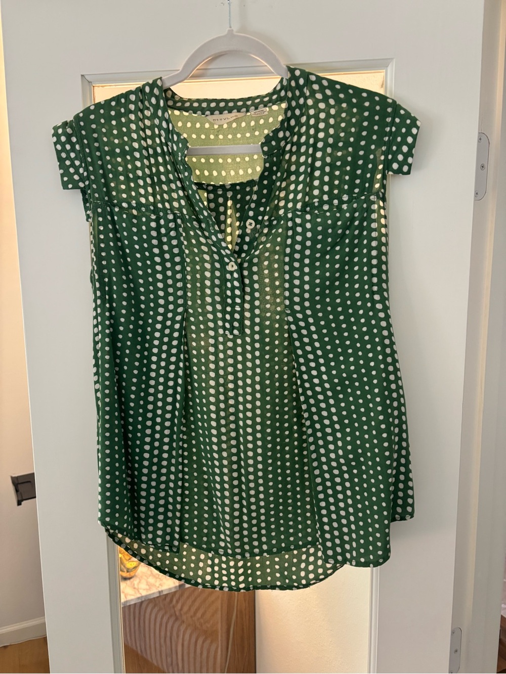 Anthropologie Green and White Polka Dot Short-Sleeve Blouse